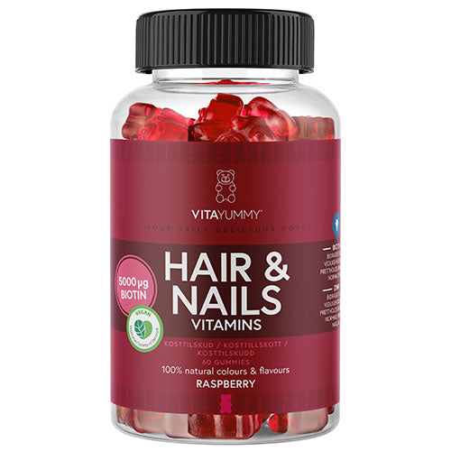 VitaYummy Hair & Nails Raspberry | 60 gummies fra Vita Yummy på Mecindo.dk