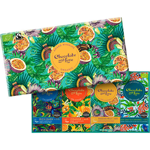 Chocolate and Love Gaveæske Økologisk Rich Dark, Orange, Passionfrugt og Sea Salt | 325 gr