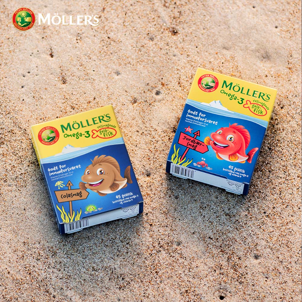 Möller's Tran Omega-3 Fisk Jordbær | 45 gummies fra Möller's Tran på Mecindo.dk