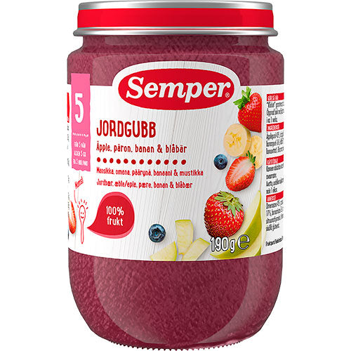 Semper Frugtpure m jordbær, æble, pære, banan & blåbær 5 mdr | 190 gr fra Semper på Mecindo.dk