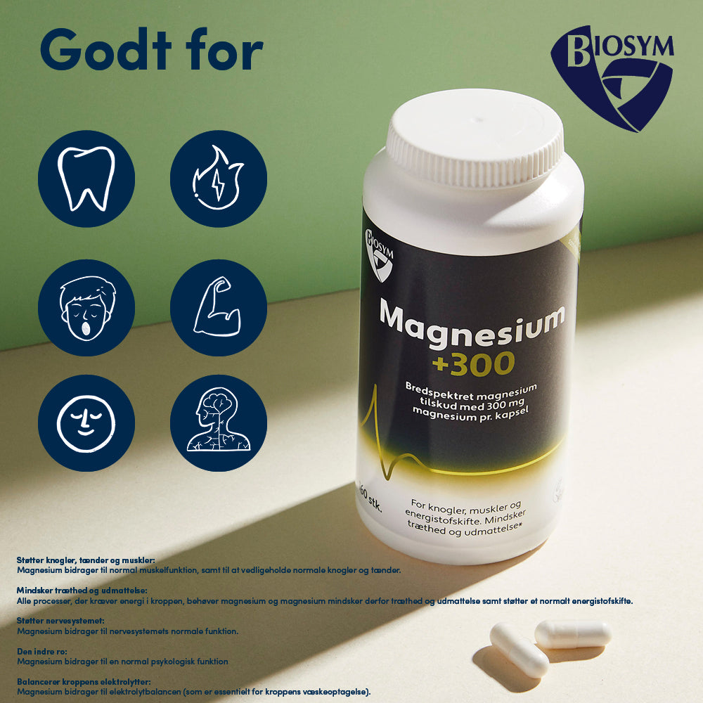 Biosym Magnesium +300 | 250 kapsler fra Biosym på Mecindo.dk
