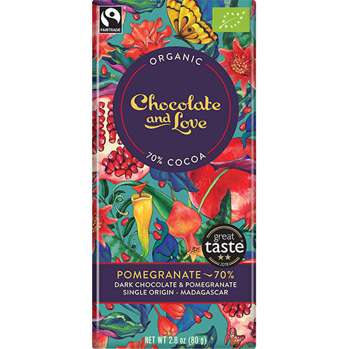 Chocolate and Love Chokolade Pomegranate 70% Økologisk | 80 gr fra Chocolate and Love på Mecindo.dk