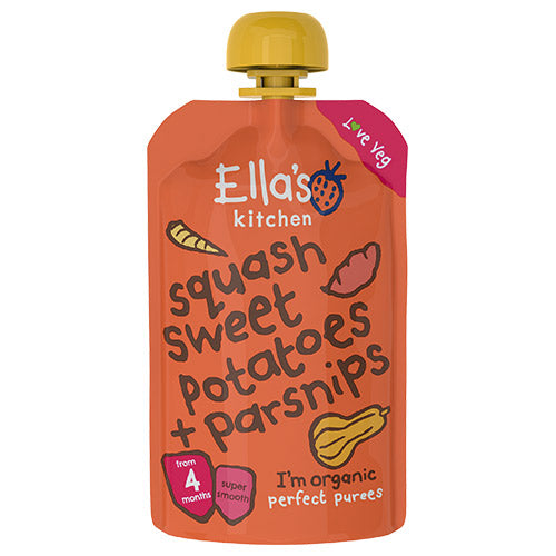 Ellas Kitchen Babymos squash, søde kartofler & pastinak 4 mdr Økologisk | 120 gr fra Ellas Kitchen på Mecindo.dk