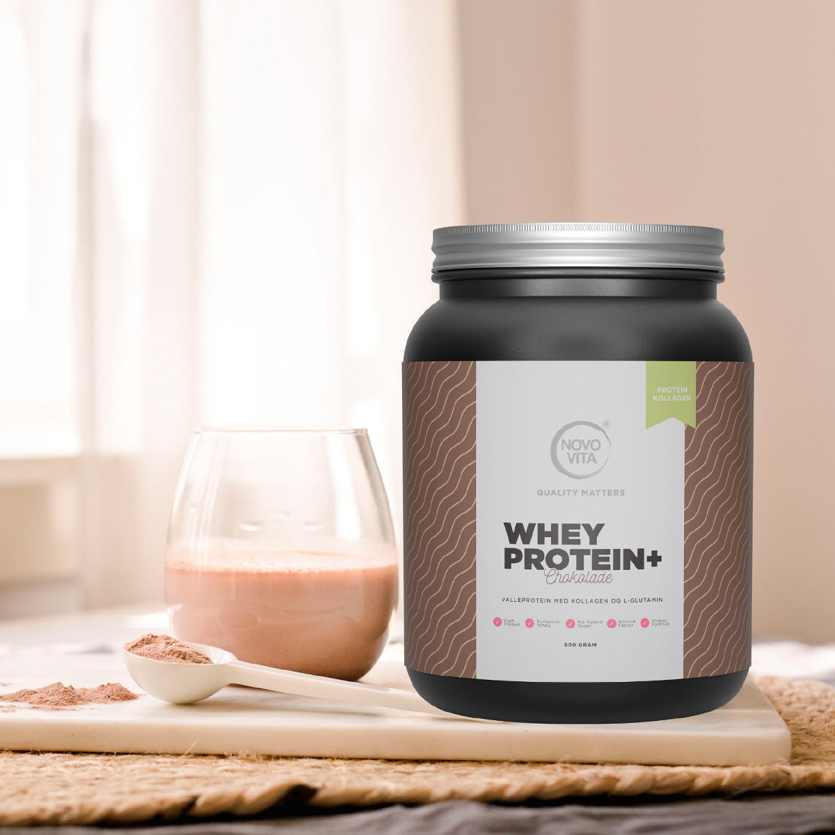 Novo Vita Whey Protein+ Chokoladesmag | 500 gr fra Novo Vita på Mecindo.dk