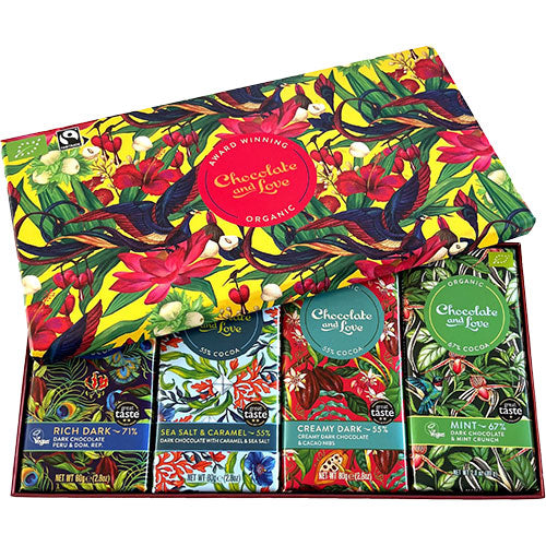 Chocolate and Love Gaveæske Økologisk Rich Dark, Orange, Passionfrugt og Sea Salt | 325 gr fra Chocolate and Love på Mecindo.dk