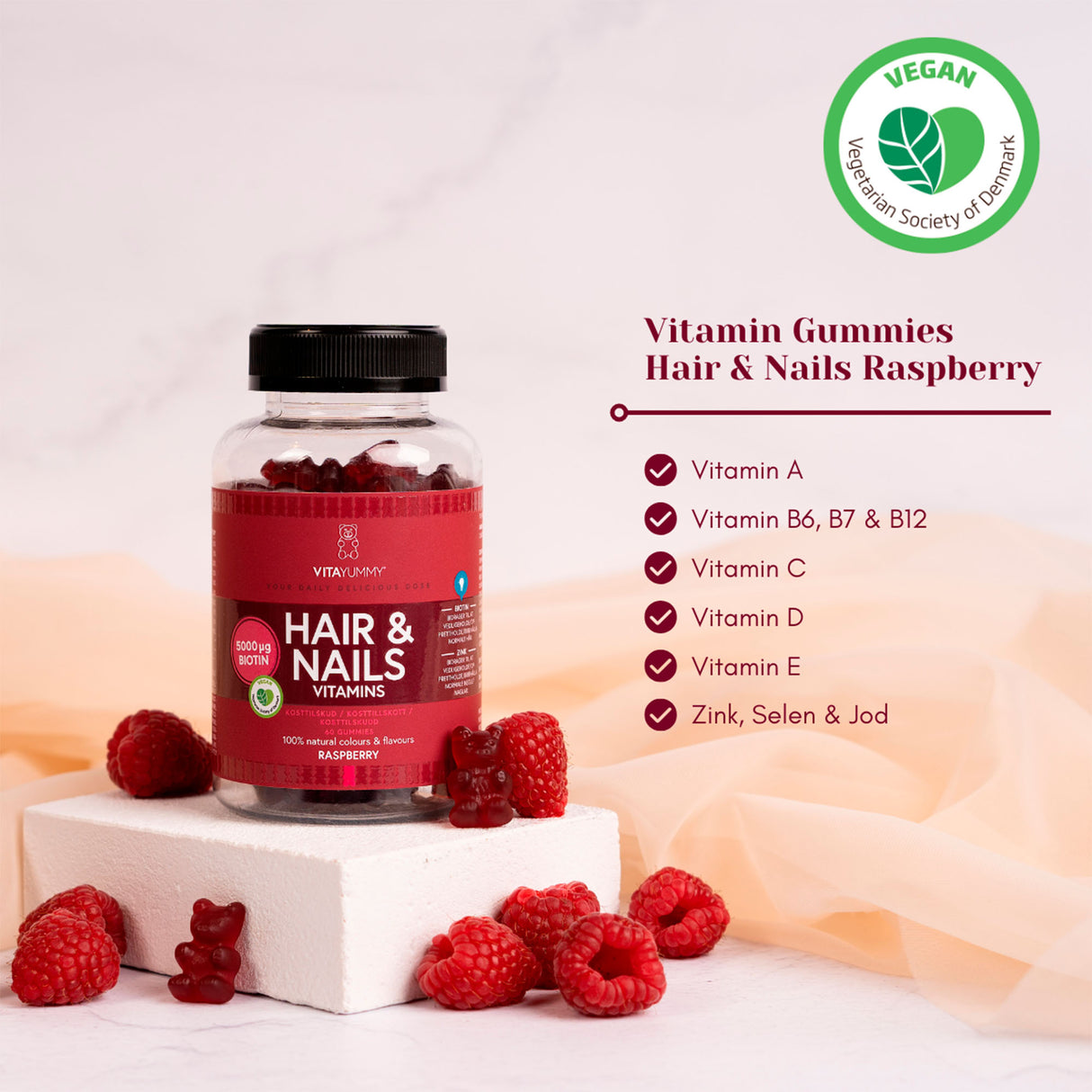 VitaYummy Hair & Nails Raspberry | 60 vingummier