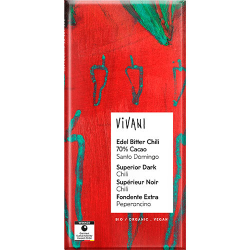 Vivani gand Cru mørk chokolade med chili 70% Økologisk | 80 g fra Vivani på Mecindo.dk