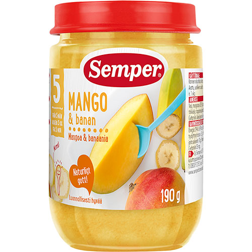 Semper Frugtpure Med Mango & Banan Fra 5 Mdr. | 190 gr fra Semper på Mecindo.dk