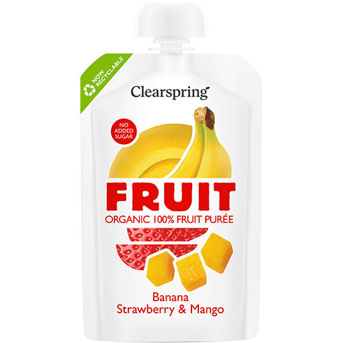 Clearspring Banan, Jordbær & Mango Frugtpuré Ø | 100 gr fra Clearspring på Mecindo.dk