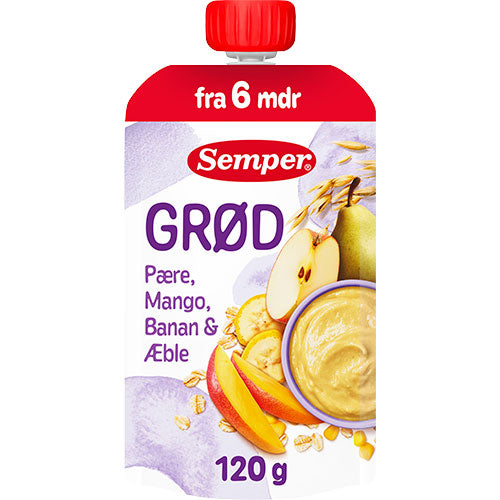 Semper Grød Med Pære, Mango, Banan Og Æble Fra 6 Mdr. | 120 g fra Semper på Mecindo.dk