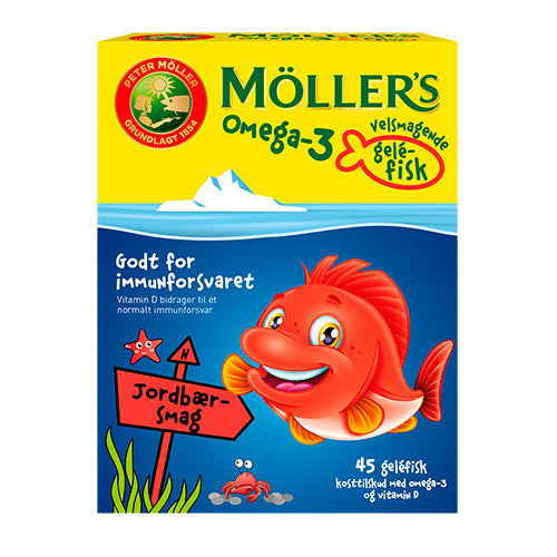 Möller's Tran Omega-3 Fisk Jordbær | 45 gummies fra Möller's Tran på Mecindo.dk
