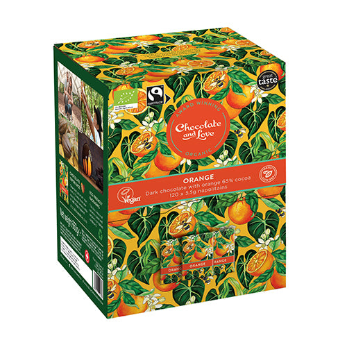 Chocolate and Love Orange Dispenser Box Økologisk | 660 gr fra Chocolate and Love på Mecindo.dk
