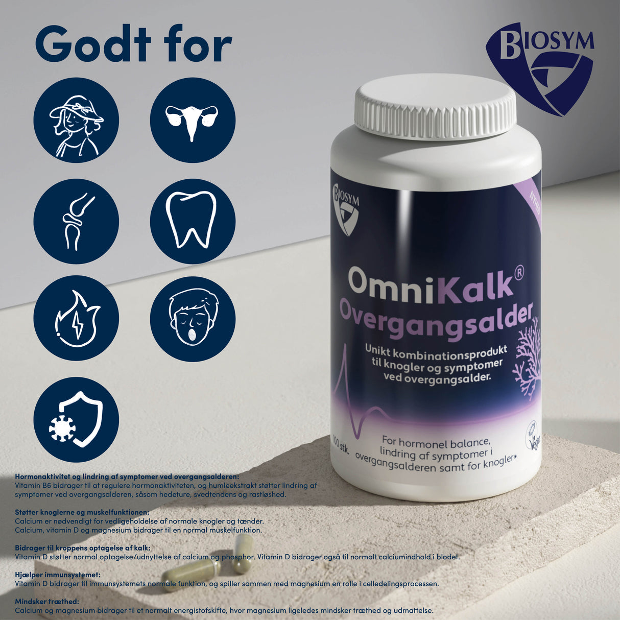 Biosym Omnikalk Overgangsalder | 100 kapsler fra Biosym på Mecindo.dk