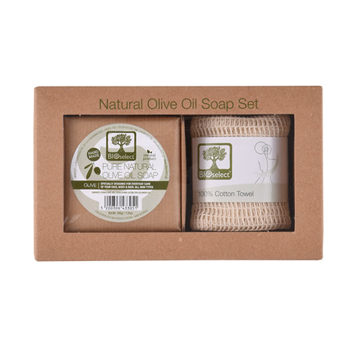 BIOselect Set Handmade Olive Oil Soap+exfoliating 100%cotton fra BIOselect på Mecindo.dk