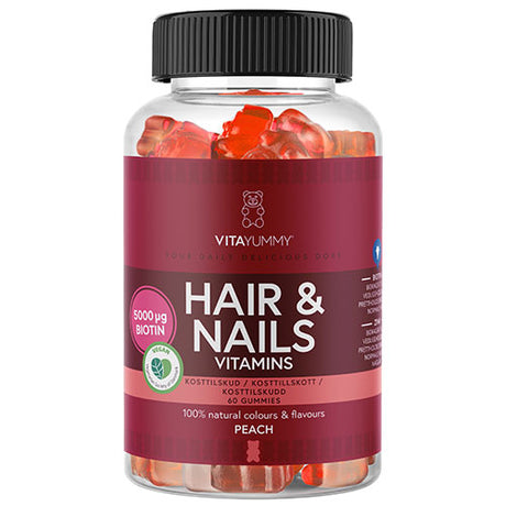 Vita Yummy Hair & Nails Peach | 60 gummies fra Vita Yummy på Mecindo.dk