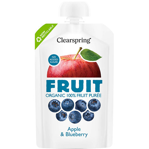 Clearspring Æble & Blåbær Frugtpuré Ø | 100 gr fra Clearspring på Mecindo.dk