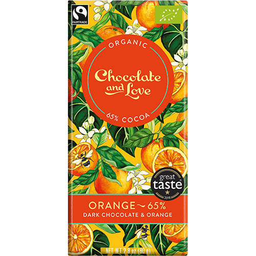 Chocolate and Love Chokolade Orange 65% Økologisk | 80 gr fra Chocolate and Love på Mecindo.dk