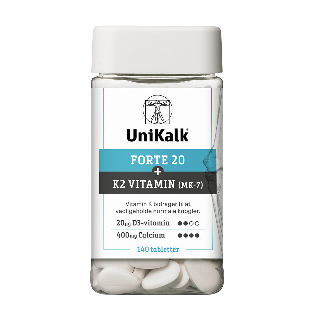 Unikalk Forte 20 + K2 Vitamin | 140 tabletter fra Unikalk på Mecindo.dk