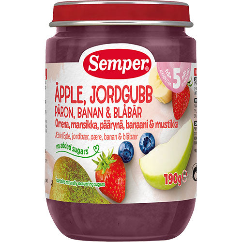 Semper Frugtpure m jordbær, æble, pære, banan & blåbær 5 mdr | 190 gr
