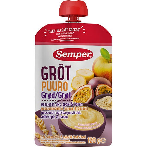 Semper Grød Med Passionsfrugt, Æble Og Banan Fra 6 Mdr. | 120 gr fra Semper på Mecindo.dk