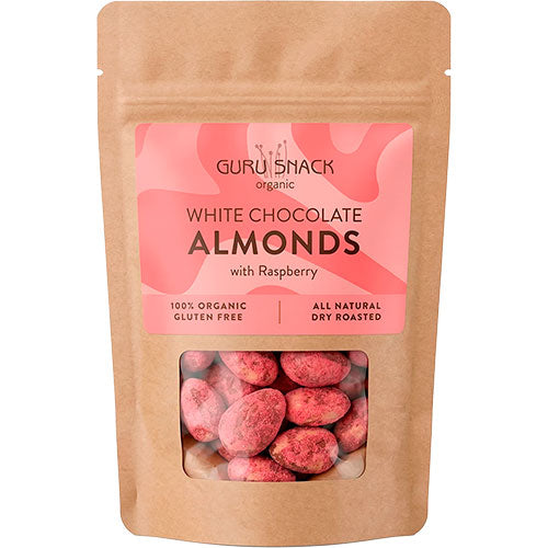 Guru Snack Mandler m. hvid chokolade & hindbær Økologisk | 100 g fra Guru Snack på Mecindo.dk